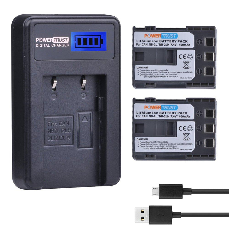 PowerTrust 2 Pack NB-2L NB-2LH 1400 mAh Camera Battery and LCD USB Charegr for Canon 350D 400D G7 G9 S30 S40 z1 Kiss N X Rebel XT XTi