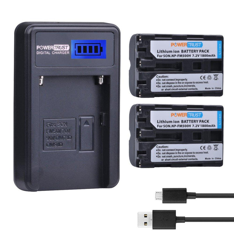 PowerTrust 2 Pack NP-FM500H Camera Battery and LCD USB Charger for Sony A57, A58, A65, A77, A99, A200, A350, A450, A550, A560, A700, A580, A900