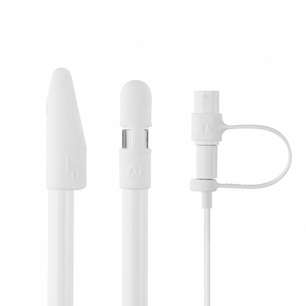 3-pc Set Premium Silicone Pencil Cap Holder + Lightning Adapter Tether + Tip Cover for Apple Pencil (White) White 3-pc Set (Pencil Cap+adapter Tether+tip Cover)