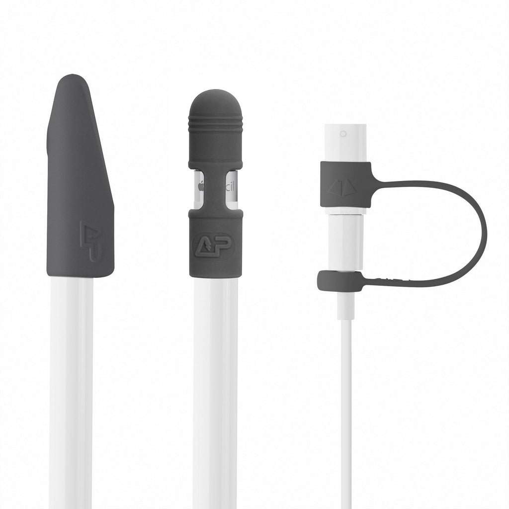 3-pc Set Premium Silicone Pencil Cap Holder + Lightning Adapter Tether + Tip Cover for Apple Pencil (Grey) Gray 3-pc Set (Pencil Cap+adapter Tether+tip Cover)