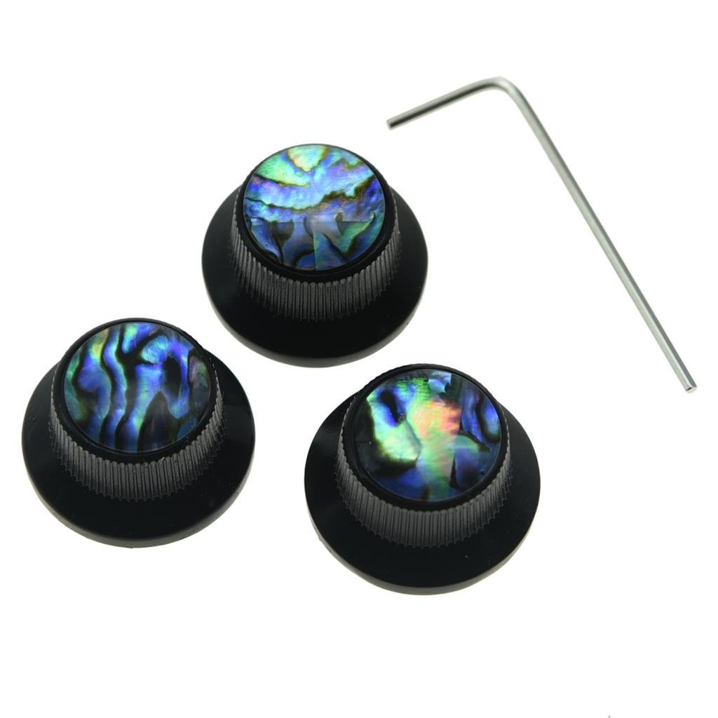 KAISH Set of 3 Set Screw Abalone Top Black Guitar Bass Knobs Strat Metal Knobs for 6mm Shaft Pots