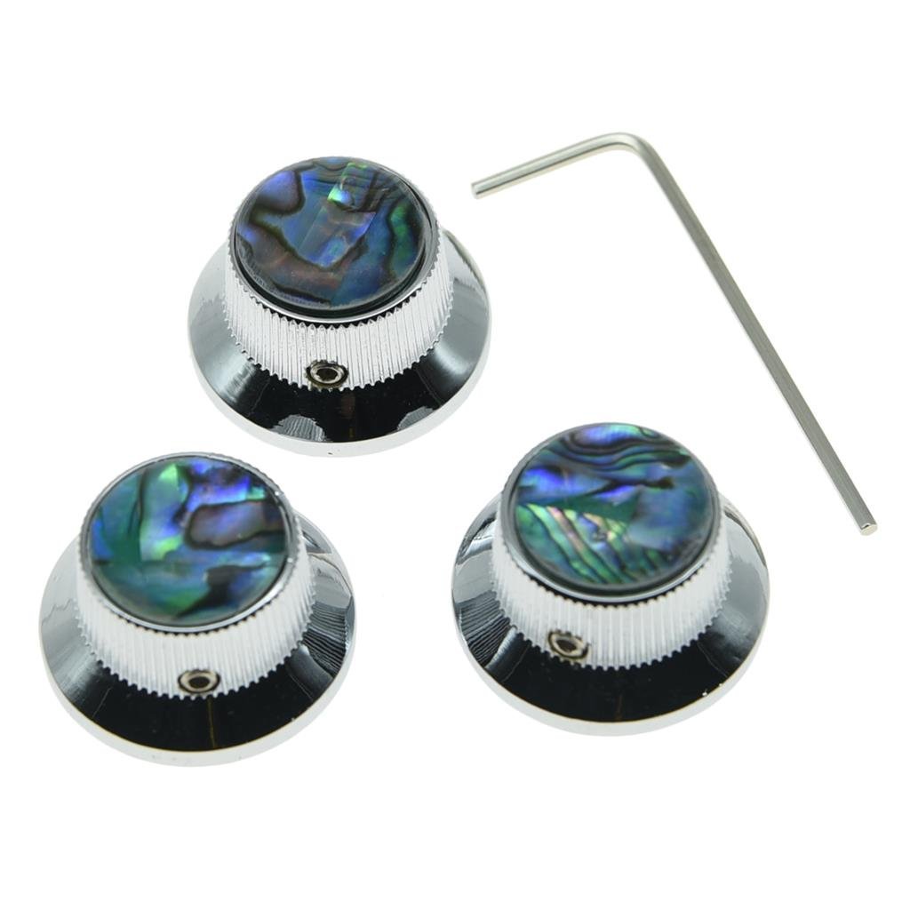 KAISH Set of 3 Set Screw Abalone Top Chrome Guitar Bass Knobs Strat Metal Knobs for 6mm Shaft Pots