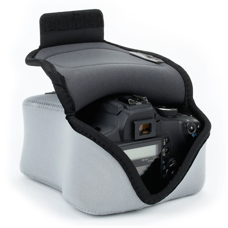 USA GEAR DSLR Camera Sleeve Case (Gray) with Neoprene Protection, Holster Belt Loop and Accessory Storage - Compatible with Nikon D3100, Canon EOS Rebel SL2, Pentax K-70 and Many More Gray