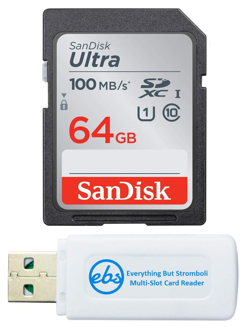 SanDisk 64GB SD Ultra Memory Card SDXC for Sony Cybershot Black/Silver 20.1 MP, DSCW800 Digital Camera (SDSDUNR-064G-GN6IN) Bundle with (1) Everything But Stromboli Memory Card Reader