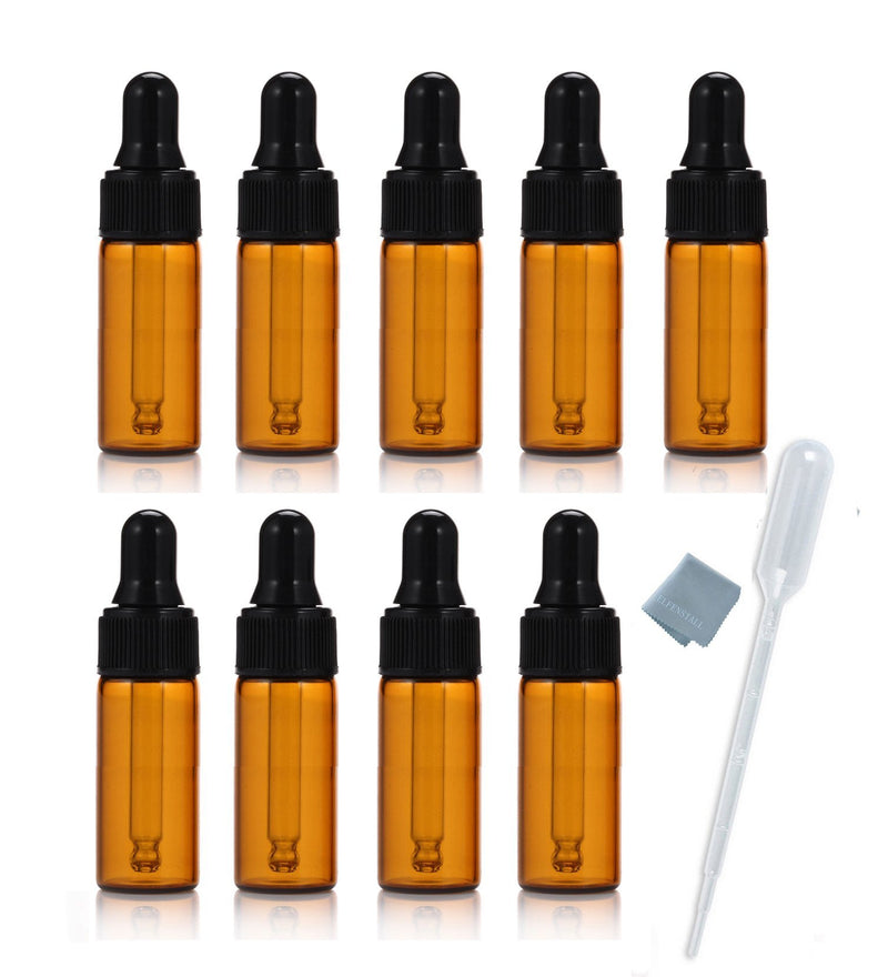 Simple-e 10pcs 5ml 1/6oz Amber Mini Glass Bottle Amber Sample Vial Small Essential Oil Bottle with Glass Eye Dropper + 1pc Glass Clean Cloth + 1pc 3ml Dropper (10) 10