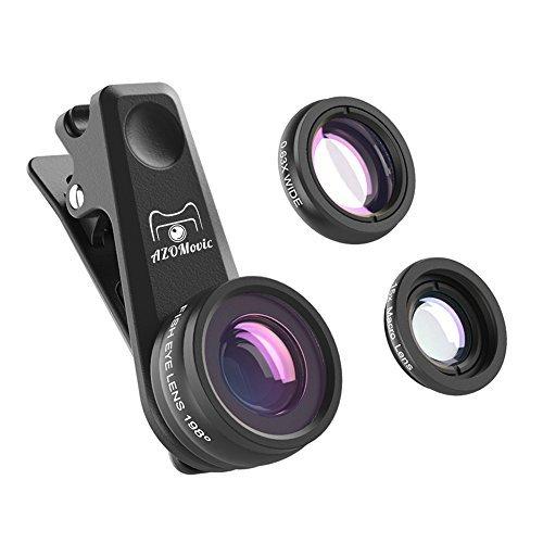 Azomovic Cell Phone Lens Kit, 3 in 1  Camera Lens Kit, 0.63X Wide Angle Lens +15X Macro Lens +198° Fisheye Lens, Professional for iPhone 8,7,6, 6s, X, Samsung, HTC, Nexus, iPad & Smartphones