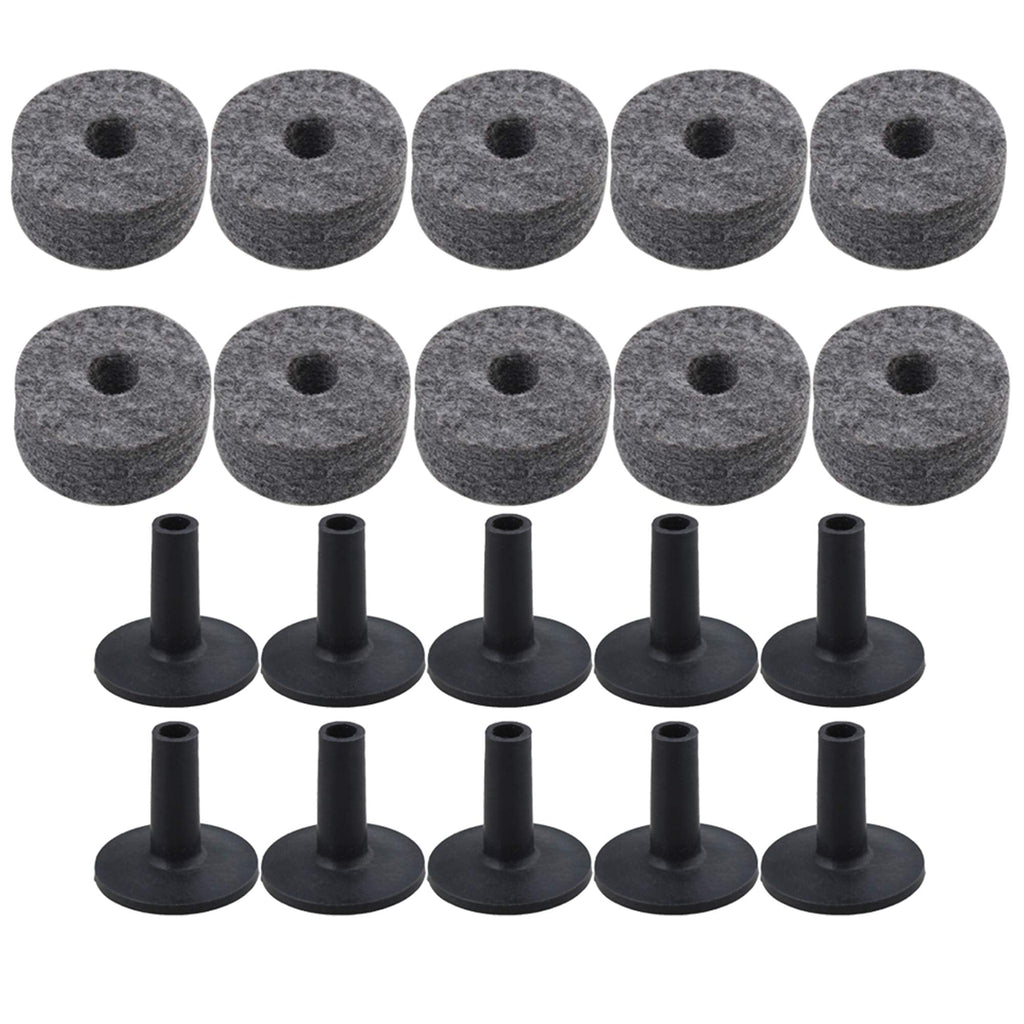 Yibuy Black Drum Set Replacement Parts 15mm Thick Felt Washers + Plastic Long Flanged Cymbal Sleeves Pack of 10