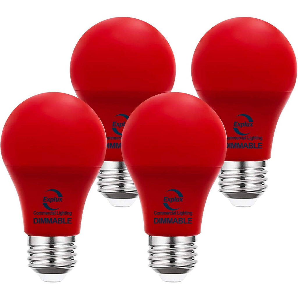 Explux Commercial Lighting Dimmable A19 LED Red Light Bulbs, 60W Equivalent, 4-Pack Dimmable Colored Version 4-Pack