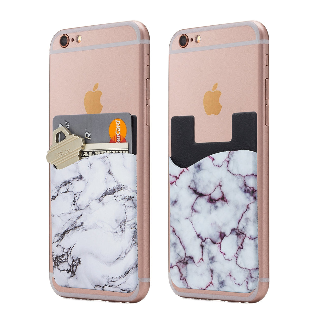(Two) Marble Cell Phone Stick on Wallet Card Holder Phone Pocket for iPhone, Android and All Smartphones. (White) white