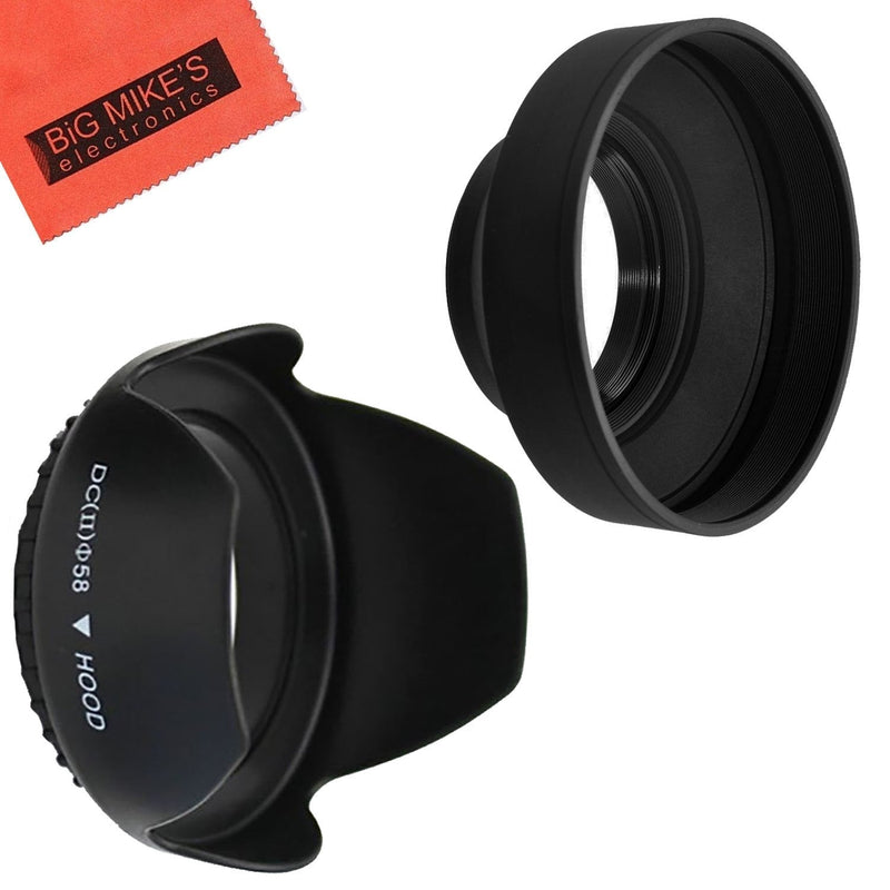 58mm Tulip Flower Lens Hood + 58mm Soft Rubber Lens Hood for Select Canon, Nikon, Olympus, Panasonic, Pentax, Sony, Sigma, Tamron SLR Lenses, Digital Cameras and Camcorders + MicroFiber Cleaning Cloth