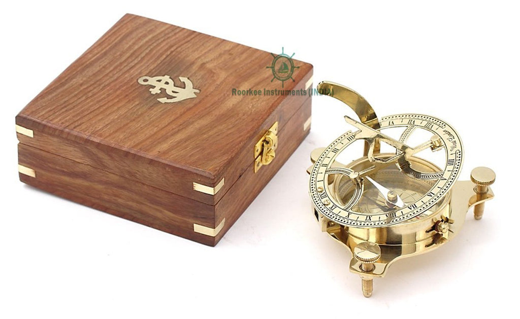 Roorkee Instruments India Ideas for Men/Vintage Shinny Brass Compass with Wooden Box/West London Directional Magnetic Compass for Navigation/Sundial Pocket Compass for Camping, Hiking, Touring …