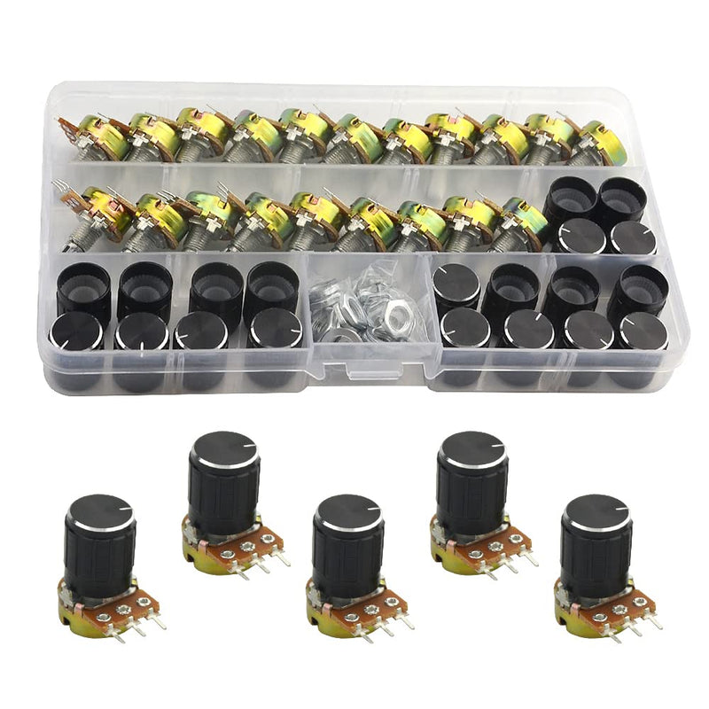 WMYCONGCONG 20 PCS B10K 10K Ohm Knurled Shaft Linear Rotary Taper Potentiometer with Black Knob(WH148) Kit