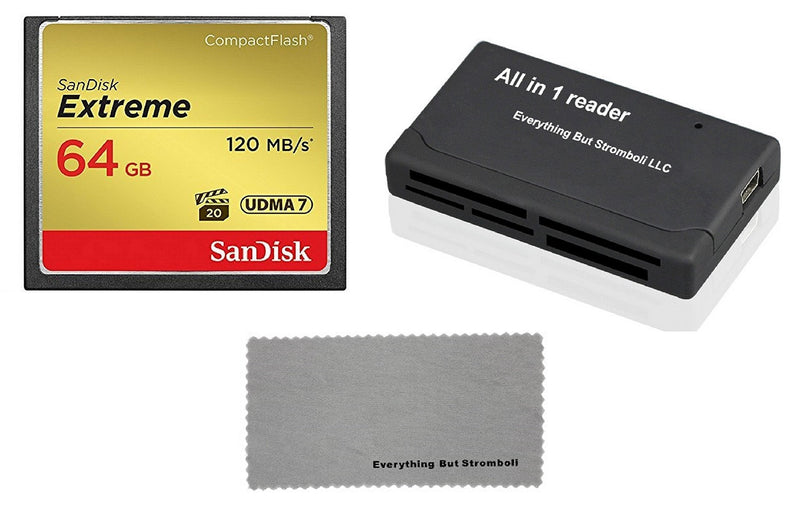 SanDisk Extreme 64GB CompactFlash CF Memory Card works with Nikon D300, D300S, D810, Digital DSLR Cameras HD UDMA 7 (SDCFXSB-064G-G46) with Everything But Stromboli Combo Cloth and Combo Reader