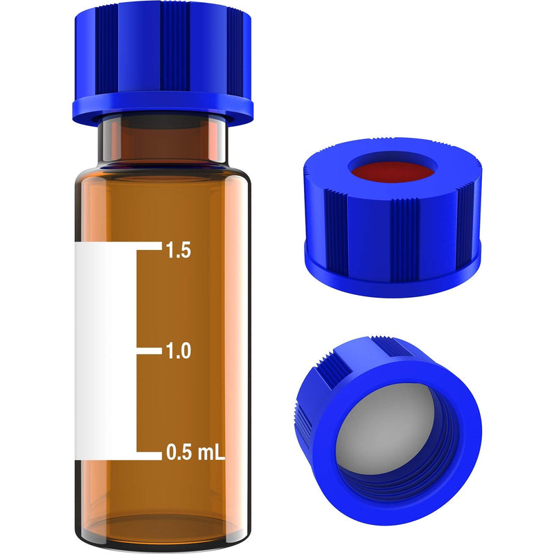 [AUSTRALIA] - 2mL Autosampler Vials with Writing Area and Graduations, 9-425 HPLC, Screw Cap, White PTFE & Red Silicone Septa, 100 Pcs Amber White Red Septa 