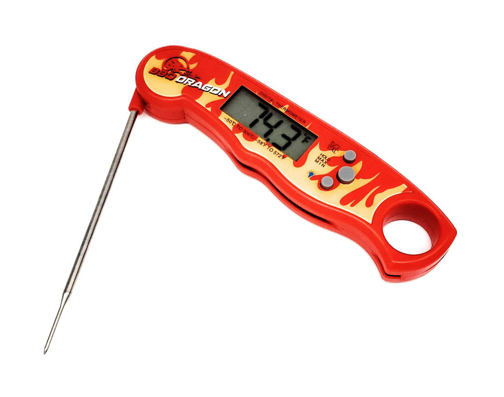 Instant Read Meat Thermometer with Folding Stainless Steel Temperature Probe - Waterproof Grilling Thermometer and Baking Thermometer - Instant Read Food Thermometer w/ Flames Design from BBQ Dragon