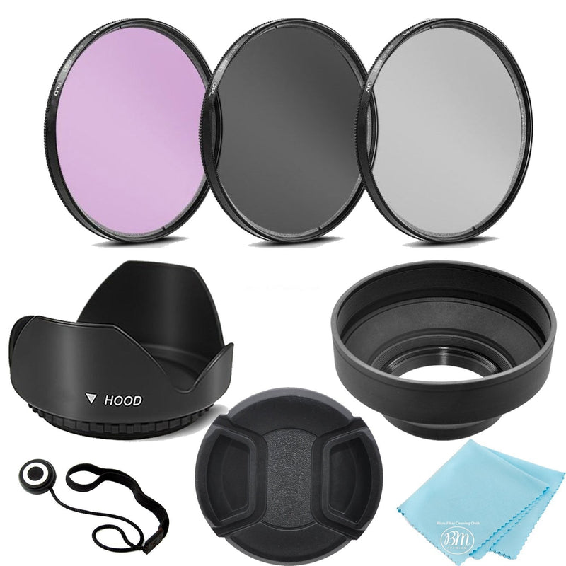 3 Piece Filter Kit (UV-CPL-FLD) + Tulip Lens Hood + Soft Rubber Hood + Lens Cap + for Select Canon, Nikon, Sony, Olympus, Panasonic, Fuji, Sigma SLR Lenses, Cameras and Camcorders (52MM) 52MM