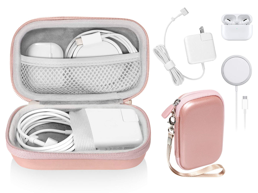 Handy Case for MacBook Pro, Air Power Adapter, MagSafe, MagSafe2, iPhone 12/ 12 Pro MagSafe Charger, USB C Hub, Type C Hub, USB Multi Ports Type c hub, Detachable Wrist Strap, mesh Pocket (Rose Gold) Rose Gold