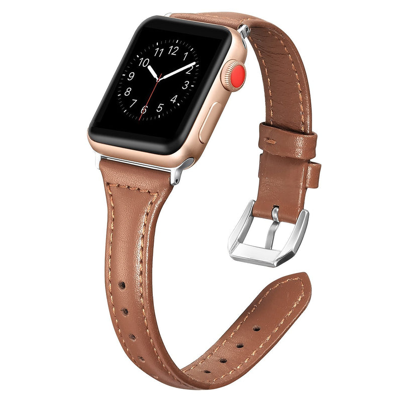 Secbolt Leather Bands Compatible Apple Watch Band 38mm 40mm 42mm 44mm Slim Replacement Wristband Sport Strap for Iwatch SE Series 6 5 4 3 2 1 Stainless Steel Buckle Brown 38mm/40mm
