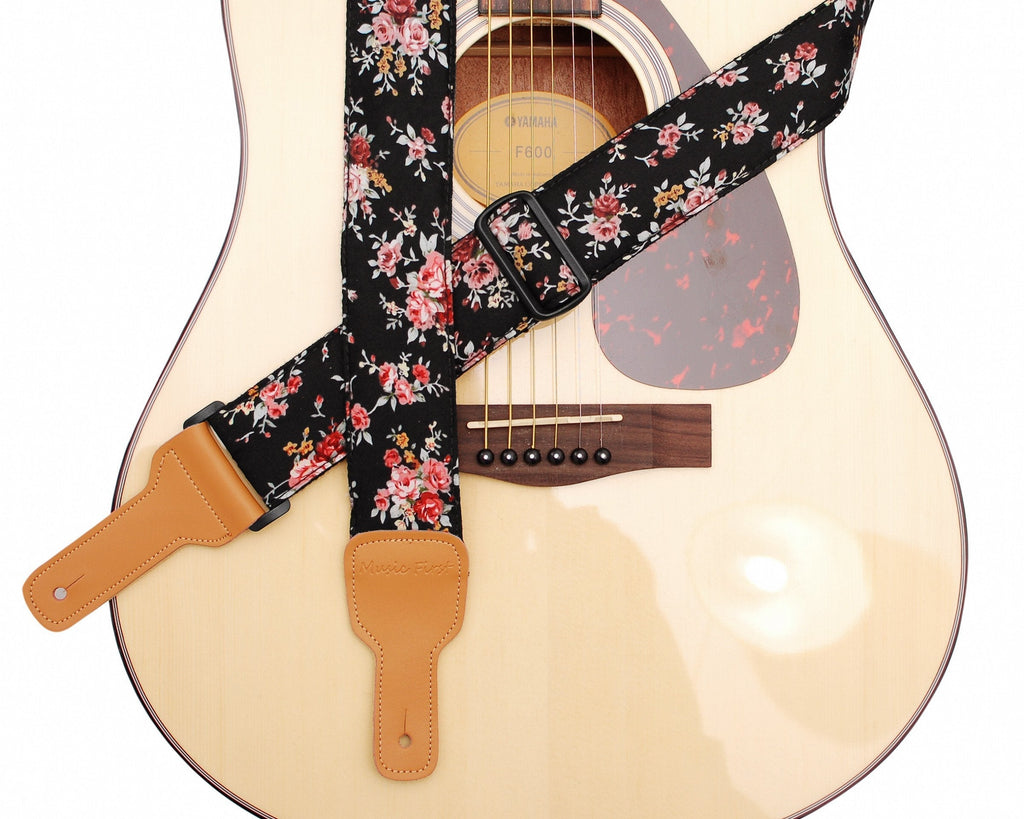 MUSIC FIRST Original Design, 2 inch width (5cm), “Rosa Multiflora in Black” Padded Soft Cotton & Genuine Leather Guitar Strap, Ukulele Strap, Mandolin Strap