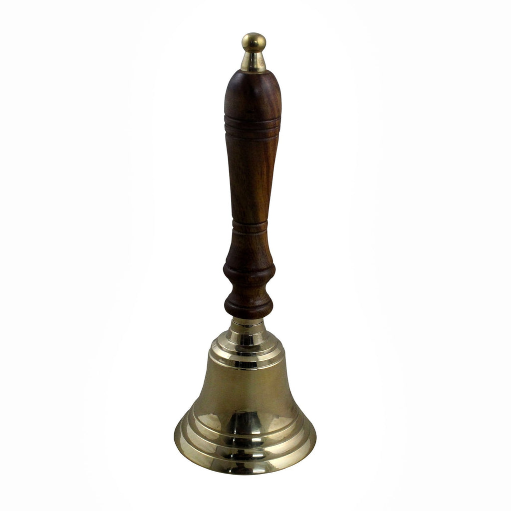 Hand Held Service Call Bell Polished Brass Finish with Wooden Handle 8 Inches for Wedding Events Decoration, Food Line, Alarm, Jingles, Ringing
