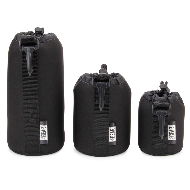 USA GEAR FlexARMOR Protective Neoprene Lens Case Pouch Set 3-Pack - Small, Medium and Large Cases Hold Lenses up to 70-300mm with Drawstring Opening, Attached Clip, Reinforced Belt Loop (Black) Black