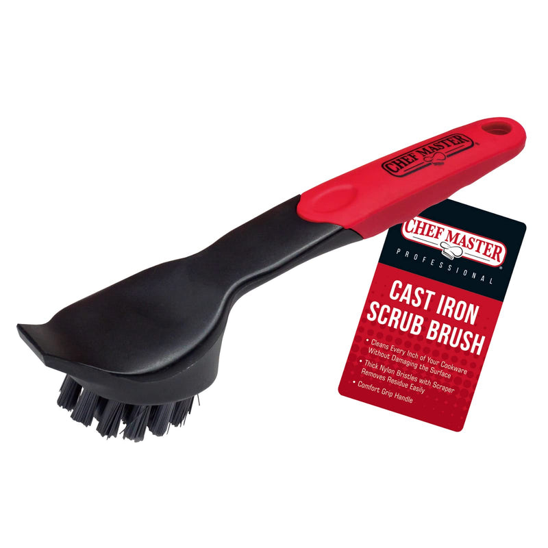 [AUSTRALIA] - Chef Master 90058 Cast Iron Scrub Brush | Comfortable Plastic Grip | Quality Nylon Scraper and Bristles | Does not Damage Cast Iron | Use on Cast Iron Skillets | Easily Cleans Old Food and Buildup 