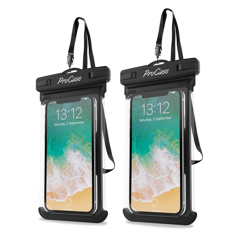 ProCase Universal Waterproof Case Cellphone Dry Bag Pouch for iPhone 13 Pro Max 13 Mini, 12 11 Pro Max Xs Max XR XS X 8 7 6S Plus SE, Galaxy S20 Ultra S10 S9 S8/Note 10 9 up to 7" -2 Pack, Black