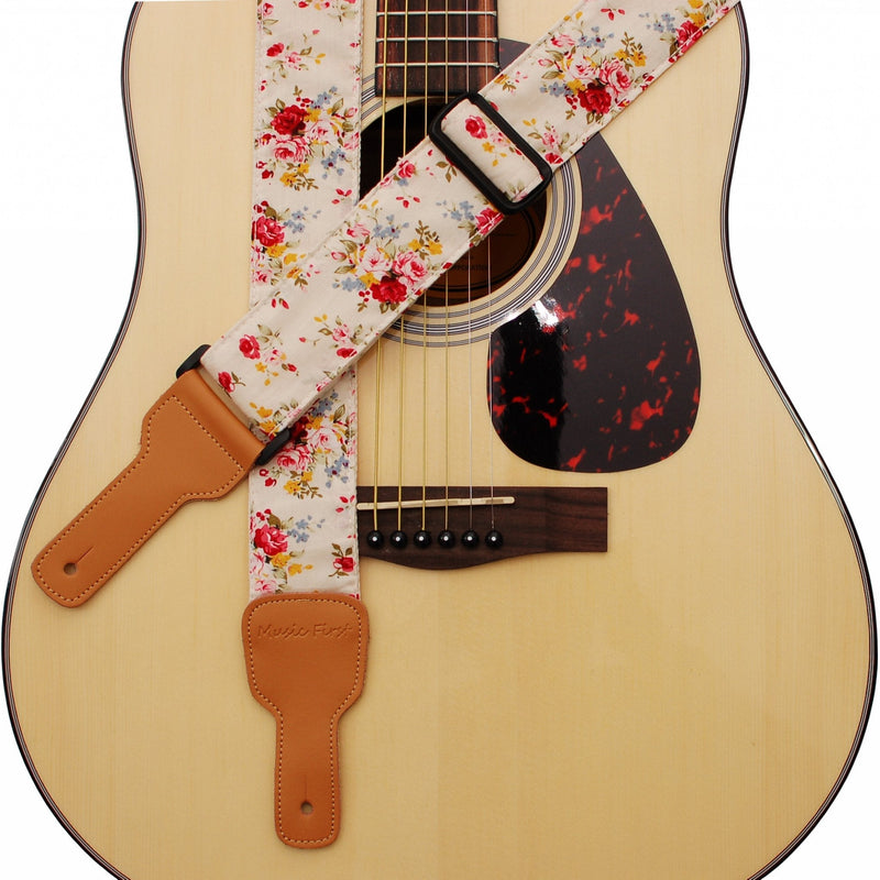 MUSIC FIRST Original Design, 2 inch width (5cm), “Rosa Multiflora in Cream” Padded Soft Cotton & Genuine Leather Guitar Strap, Ukulele Strap, Mandolin Strap