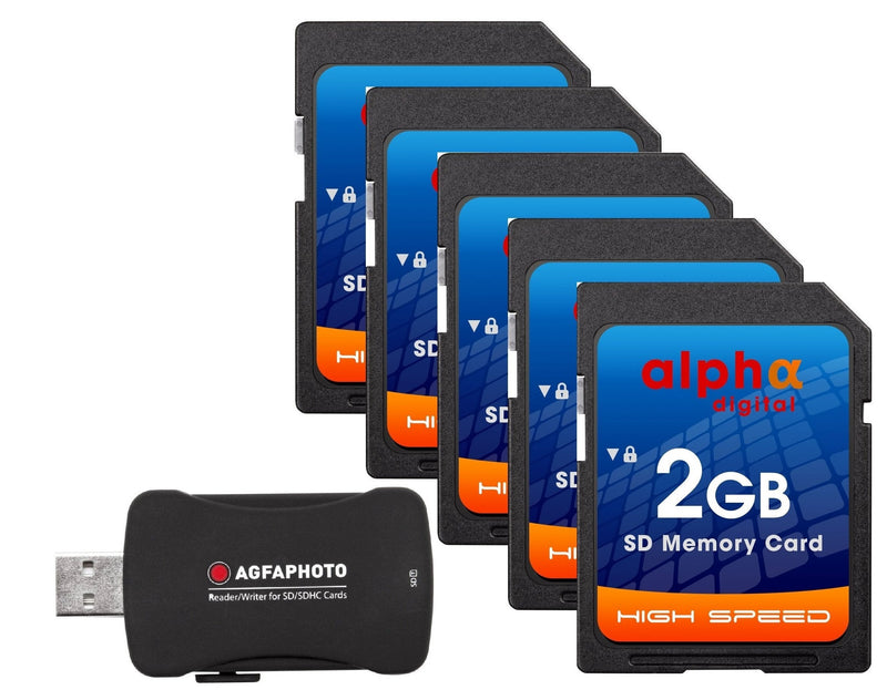 Alpha Digital 5x Memory Card for Nikon D50 D40 D40X D3300 | 2GB Secure Digital (SD) Memory Cards Plus Agfa Card Reader (5 Pack)