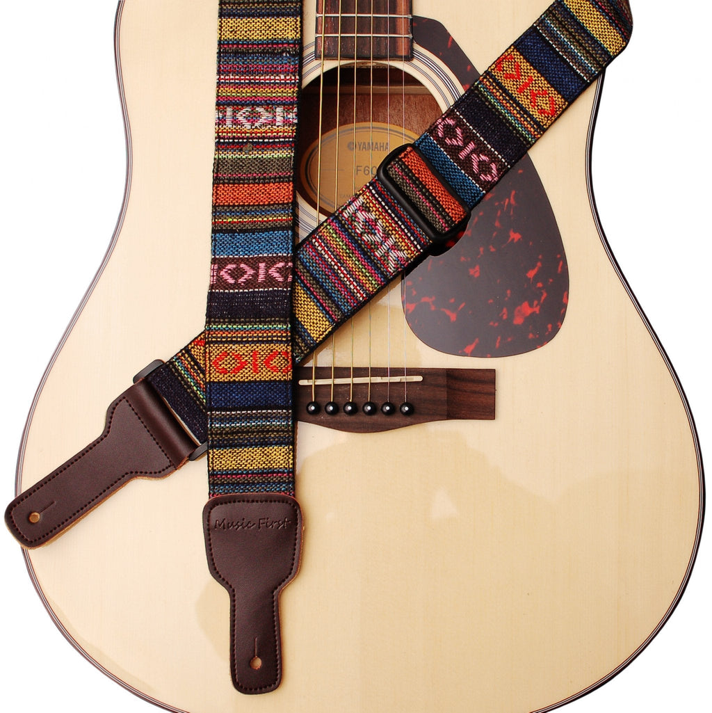 MUSIC FIRST Original Design, 2 inch width (5cm), Classic Country Style Soft Cotton & Genuine Leather Guitar Strap, Ukulele Strap, Mandolin Strap