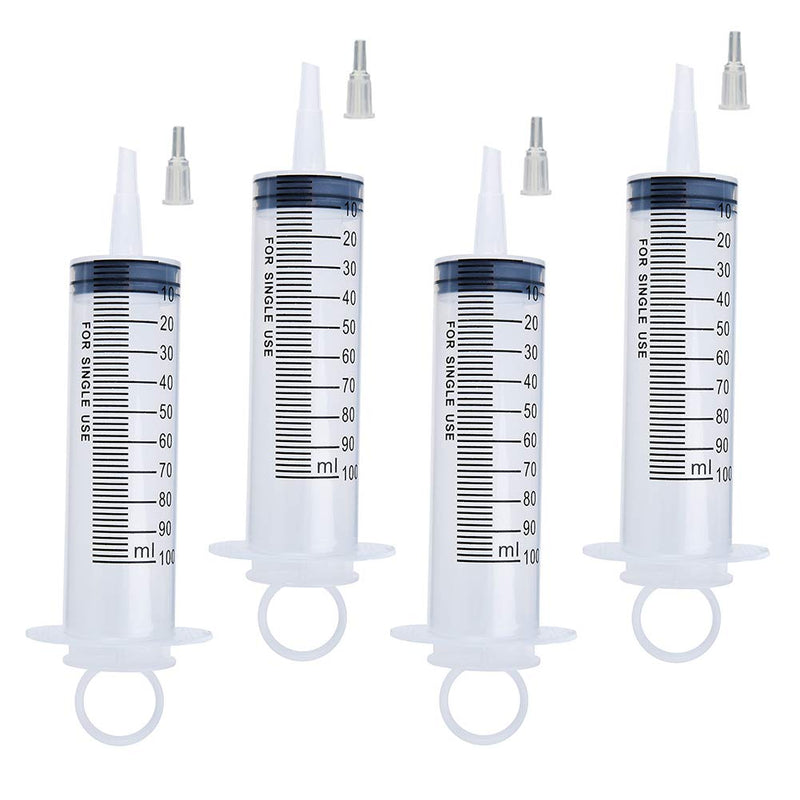 4 Pack 100ml Syringes, Large Plastic Garden Syringe for Scientific Labs, Nutrient Measuring, Watering, Refilling