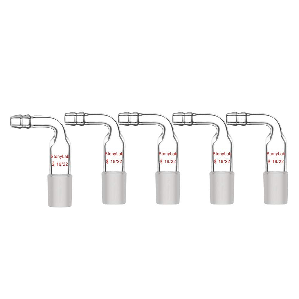 StonyLab Glass Bent Inlet Adapter With 19/22 Male Glass Joint and 10 mm Hose Connection Lab Glassware, 5 Packs