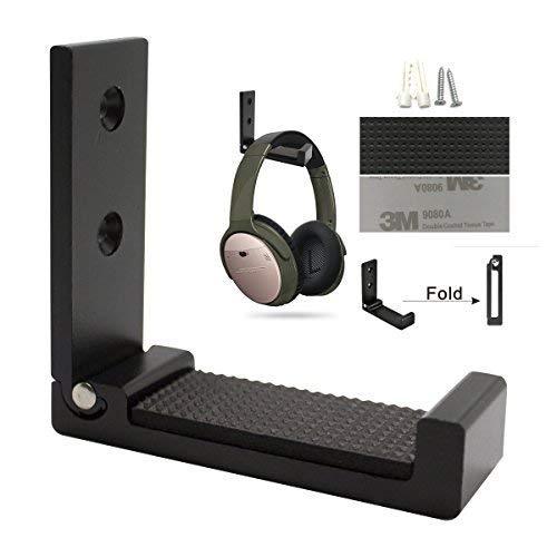 Foldable Headphone Holder, Aluminum Wall Mount Hook, Hold up to 20KG with Screws, 1KG with 3M Adhesive (1p Black)