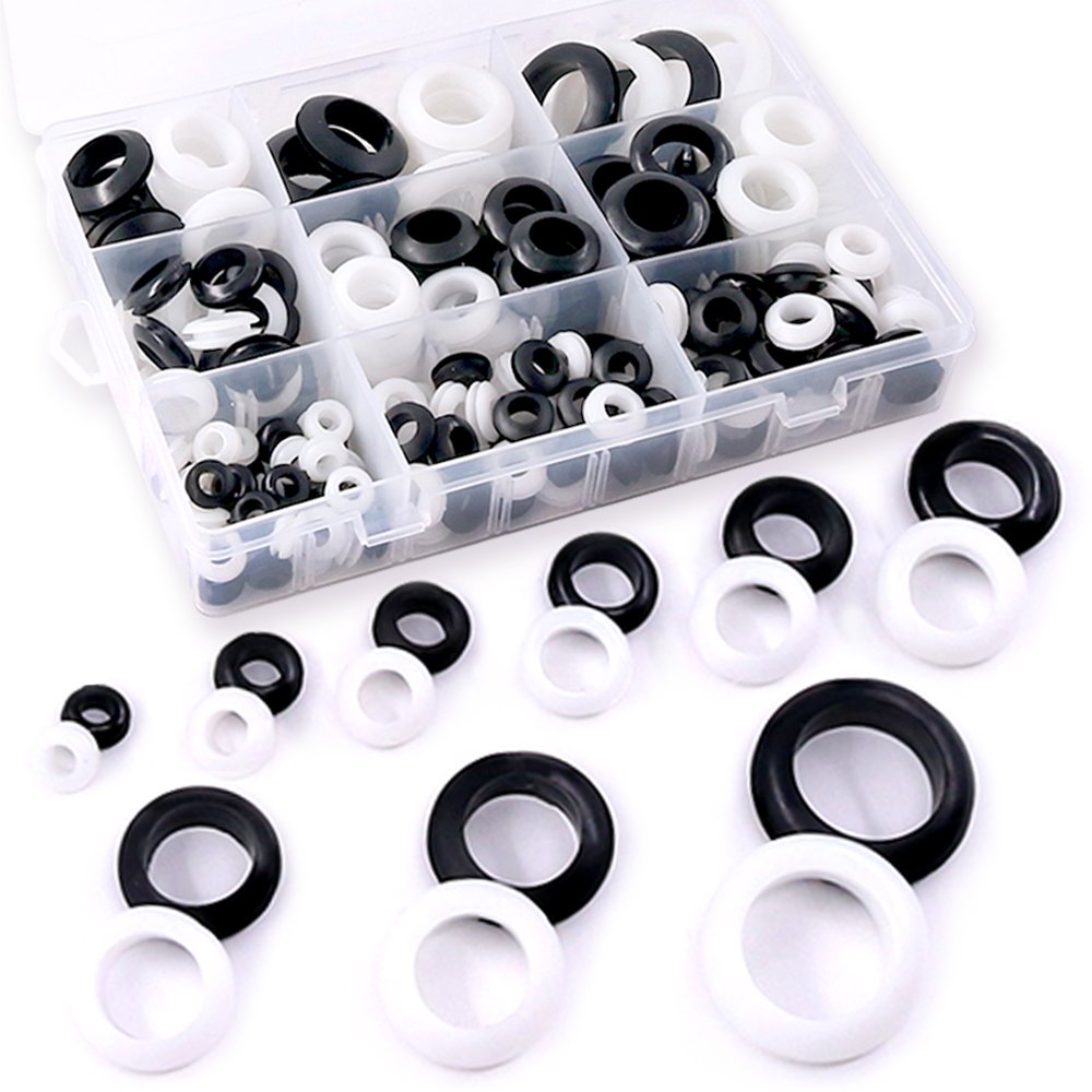 Glarks 200Pcs 9 Sizes Black/White Round Rubber Grommet Assortment Kit Electrical Wiring Coil Gasket for Plugs Cables Wires