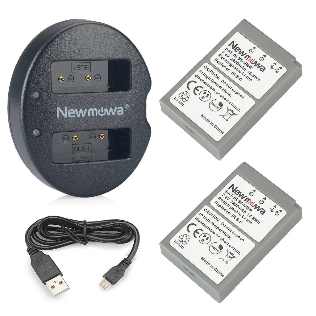 BLS-5 Newmowa Replacement Battery (2-Pack) and Dual Charger Kit for Olympus BLS-5, BLS-50, PS-BLS5 and Olympus OM-D E-M10, Pen E-PL2, E-PL5, E-PL6, E-PL7, E-PM2, Stylus 1
