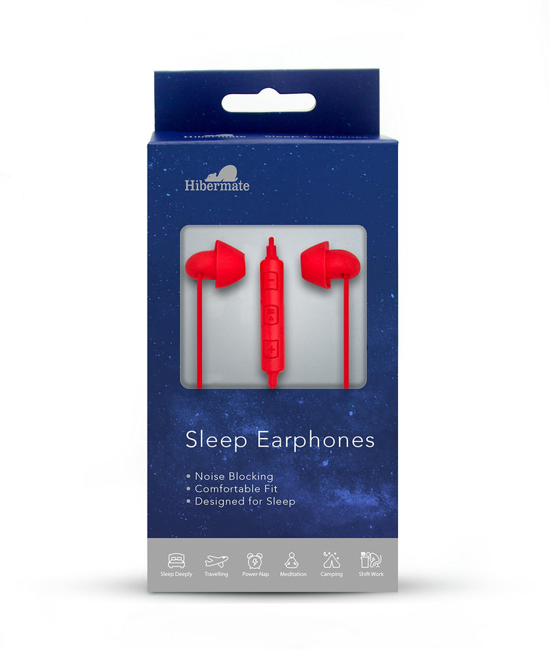 Hibermate Sound Isolating Stereo Sleep Ear Buds, Red - 3 Interchangeable Tips for Any Ear Size. Use for Sleeping, Sport, Meditation - in-line Volume Control and Mic - Enjoy Radiation-Free Listening