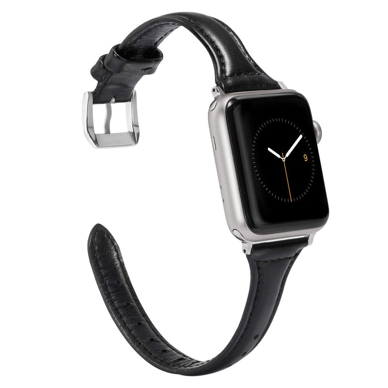 Wearlizer Black Slim Leather Compatible with Apple Watch Bands 38mm 40mm for iWatch SE Womens Mens Thin Straps Thin Wristband Simple Cute Replacement (Silver Metal Clasp) Series 6 5 4 3 2 1 Sport 38mm/40mm