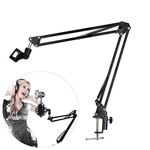 Selfie Microphone Arm Stand, Microphone Adjustable Desk Suspension Boom Scissor Arm with Mic Clip Holder & Table Mounting Clamp, heavy duty Microphone Mount for DJ, music recorder and computer PC game