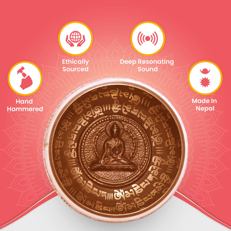 [AUSTRALIA] - Large Tibetan Singing Bowl Set-Meditation Symbols Printed 5 inch Singing Bowl With Wooden Mallet & Cushion For Prayer/Meditation/Yoga/Chakra Healing/Mindfulness/Decoration (Gold) Gold 