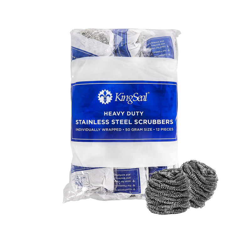 KingSeal Individually Wrapped 50 Gram Stainless Steel Scrubbers, Heavy Duty, Single Coil (1 Pack of 12 Each) 1 Pack of 12 each