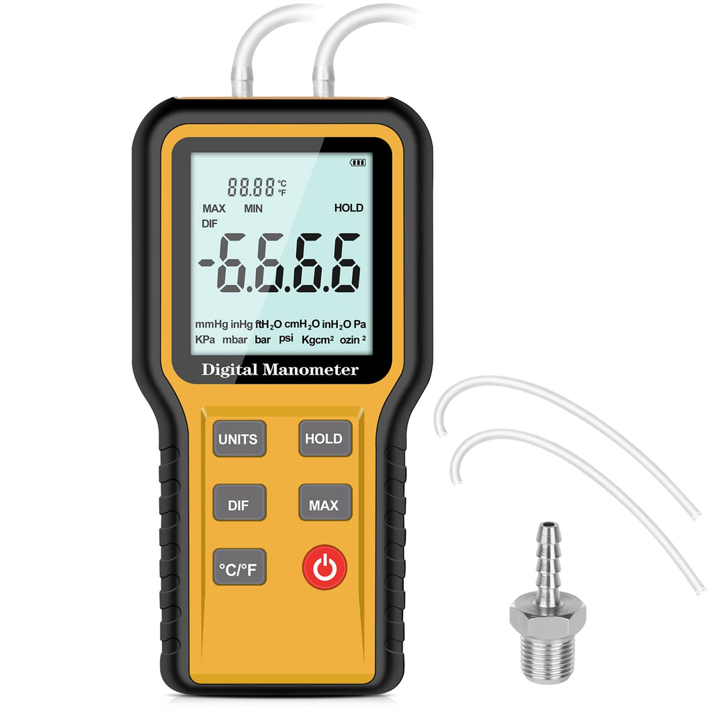 Manometer, Professional Air Pressure Meter, Dual-Port Manometer Gas Pressure Tester,12 Selectable Units Differential Pressure Gauge, HVAC Digital Manometer, Gas Pressure Tester