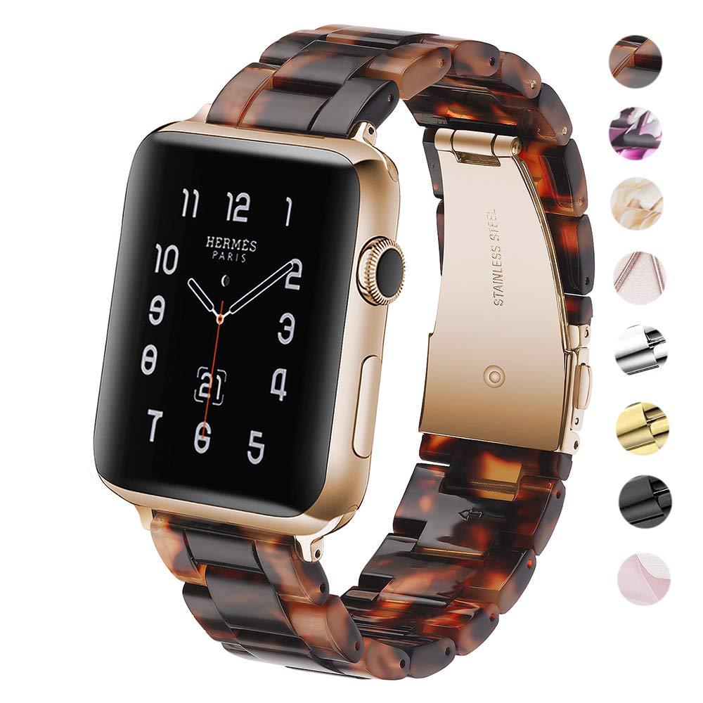 Fwheel Tortoise Tone Watch Band Compatible with Apple Watch 42mm 44mm, Fashion Lightweight Resin Band with Stainless Steel Rose Gold Buckle Compatible with iWatch Series 5/4/3/2/1,Sport, Edition(42mm) newTortoise 42mm-44mm