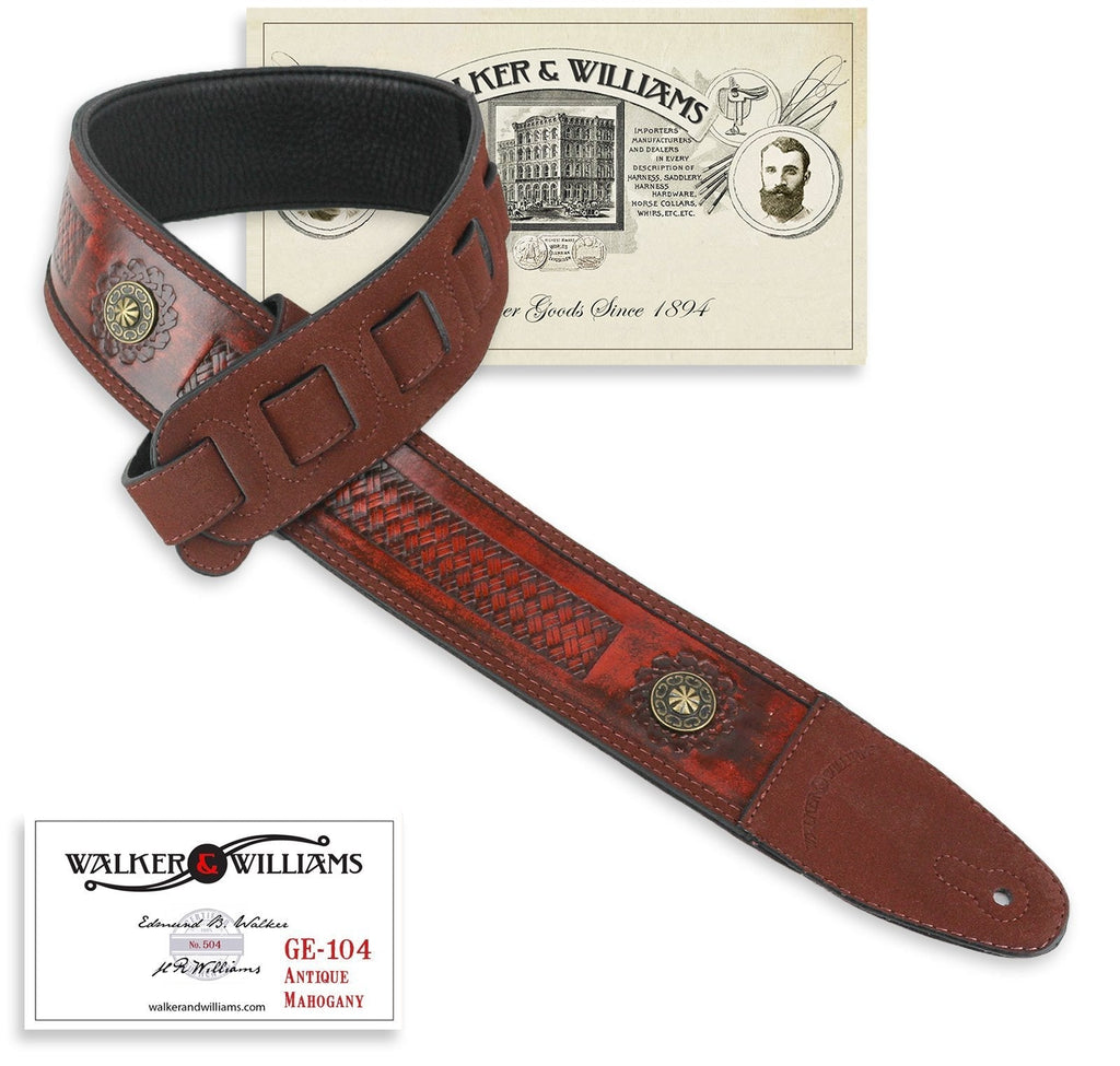 Walker & Williams GE-104 Antique Mahogany Tooled Padded Strap with Brass Conchos