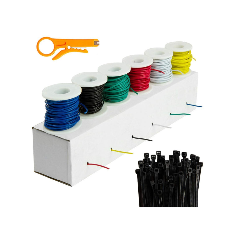 22 Gauge Wire, Electrical Wiring, Solid Hookup Wires, Tinned Copper, 6 Spools (25 Feet Each), 300V, PVC Coated (OD: 1.5mm), Red, Black, Green, Yellow, White & Blue Hook Up Cables, Breadboard