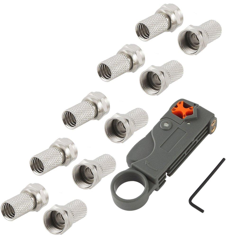 Mumaxun 10pcs F-Type Male RF Connector Twist-On Coax Coaxial Cable Adapter with Coaxial Cable Stripper Cutter Tool RG58 RG6 RG59 Quad