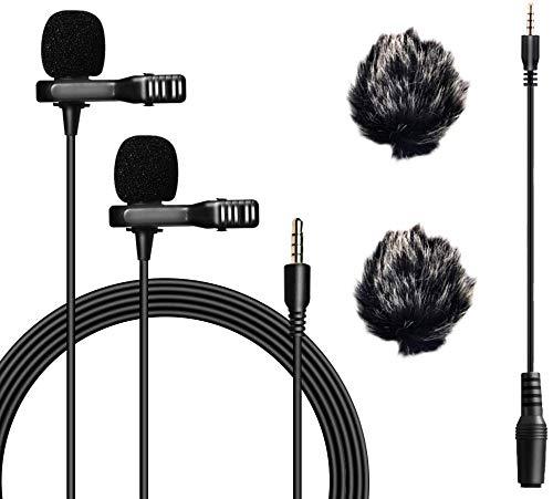 20FT Dual Head Lavalier Microphone with 2 Windscreen Muffs, Nicama LVM2 Lapel Clip-On Vlog Mic for DSLR Camera, Audio Recorders Android Smartphones iPhone Podcast Zoom PC