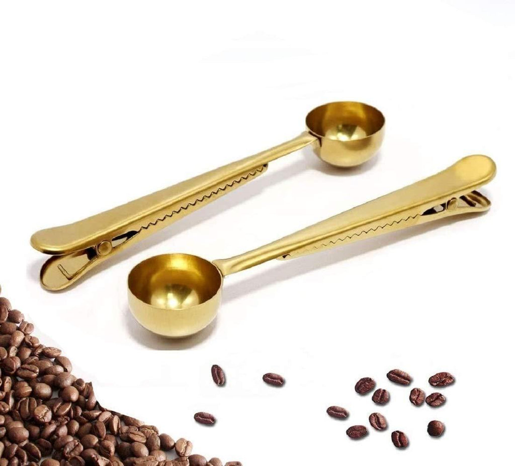 Coffee Scoop Clip - 2 PACK - GOLD - Coffee Spoon Clip - Tea Scoop Bag Clip - Coffee Bag Clip Scooper