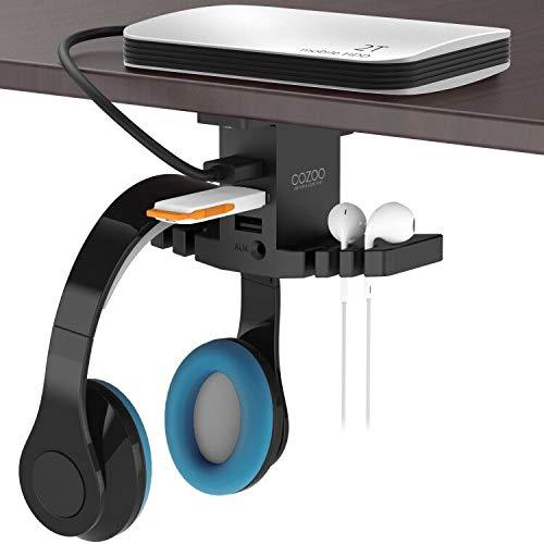 Headphone Stand with USB Hub COZOO Under Desk Headset Hanger Mount Dual Hook Holder with 3 USB Ports(usb3.0+usb2.0) and 3.5mm Jack AUX Port(Audio/Mic) External Sound Card for Gamer, DJ Earphone