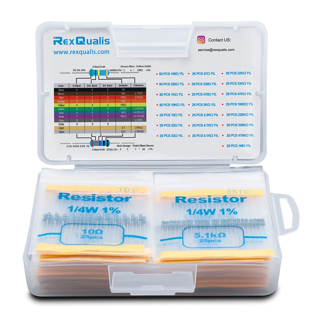 REXQualis Resistor Kit, 650 Pieces 22 Values 1/4W 1% Resistor Assortment Kit, 10 Ohm - 1M Ohm (Pack of 650) Resistor kit (650pcs)