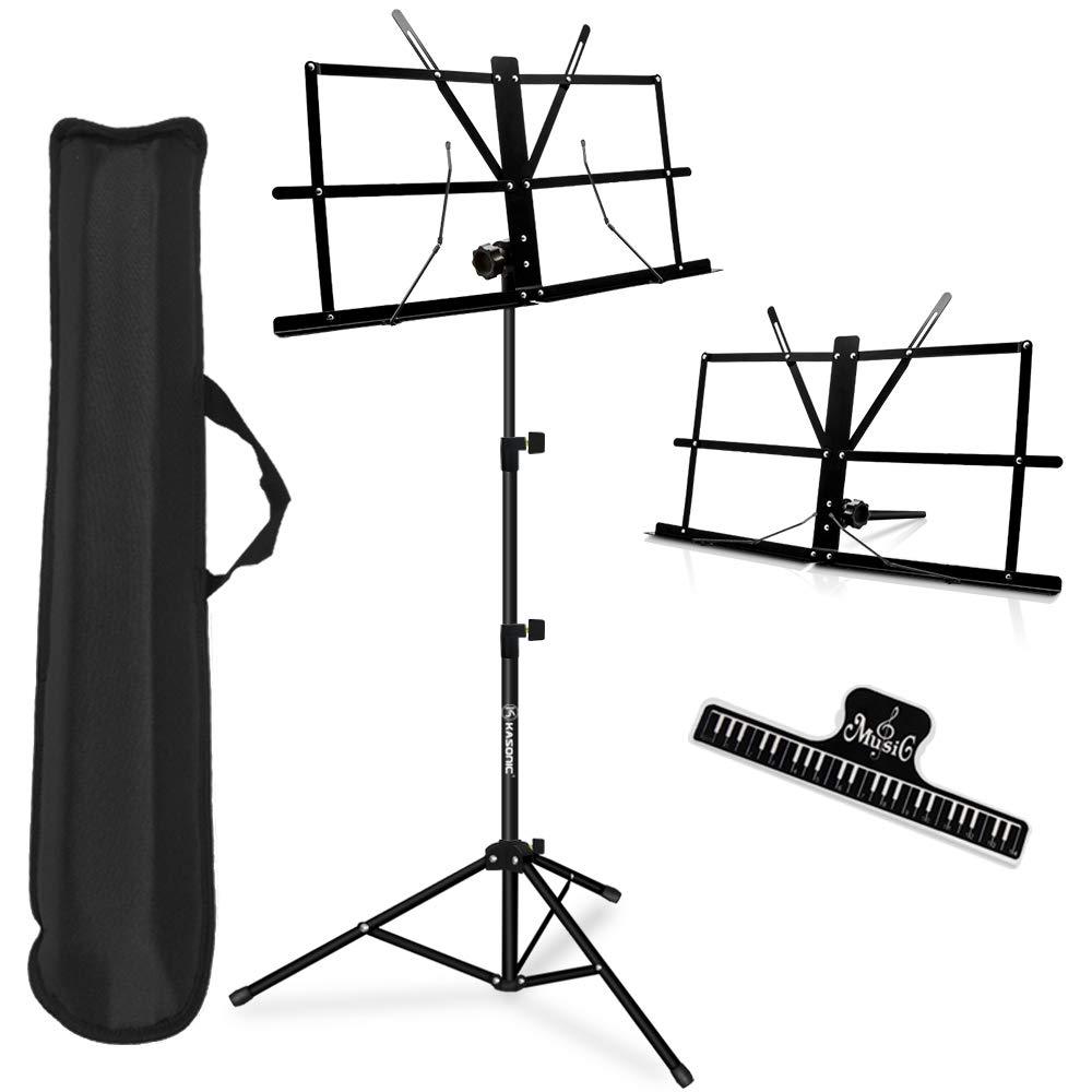 Music Stand, Kasonic 2 in 1 Dual-Use Folding Sheet Music Stand & Desktop Book Stand, Portable and Lightweight with Music Sheet Clip Holder & Carrying Bag Suitable for Instrumental Performance